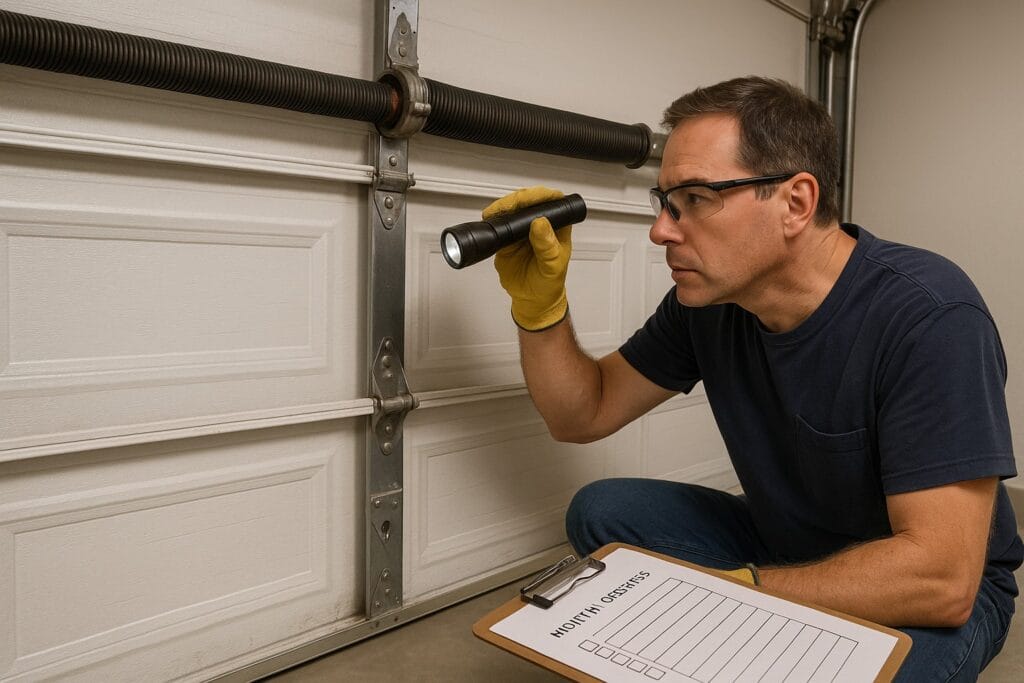 Technician performing garage door maintenance, inspecting the door panel with a flashlight.