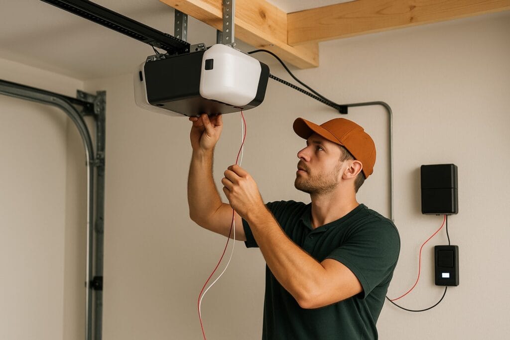 New garage door installation with opener setup and integration, featuring smart technology, seamless connectivity, and proper alignment for smooth operation.