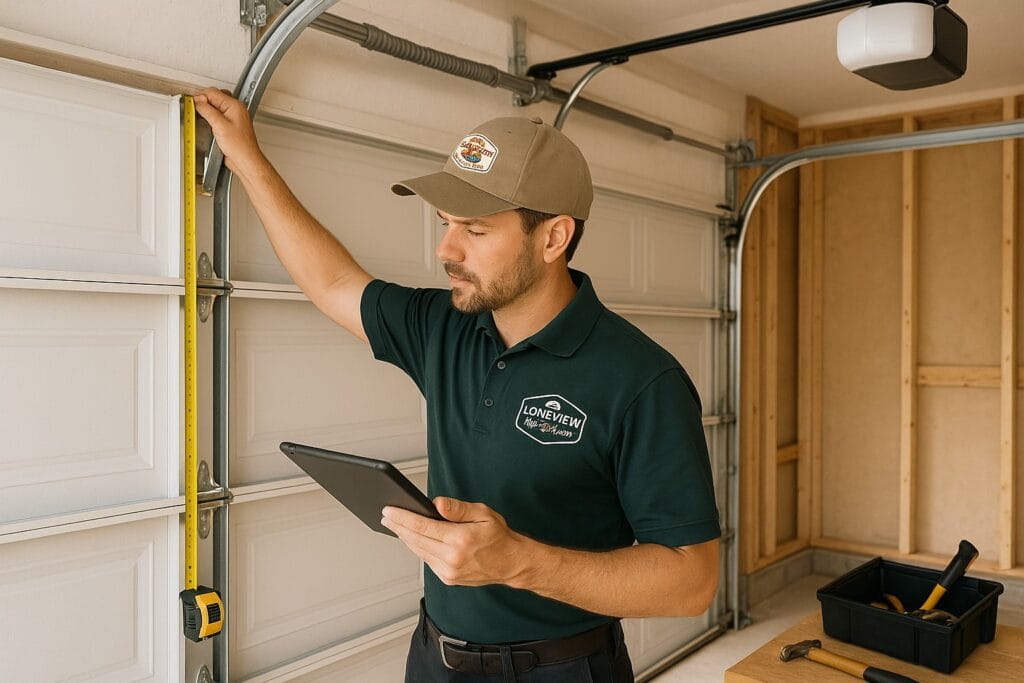 New garage door installation beginning with a pre-installation assessment and planning phase, ensuring accurate measurements, material selection, and code compliance.