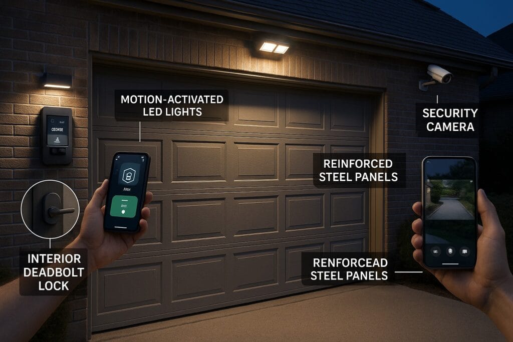 New garage door with reinforced steel panels, motion lights, camera, and smart security features.