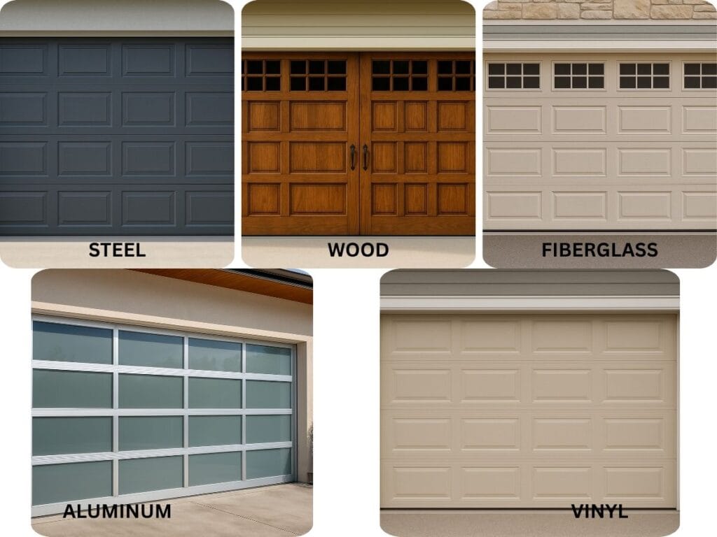 Five types of new garage doors: steel, wood, fiberglass, aluminum, and vinyl.