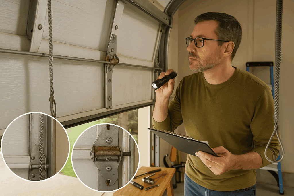 Technician inspecting garage door with flashlight and clipboard, checking for rust and cable damage during garage door repairs.