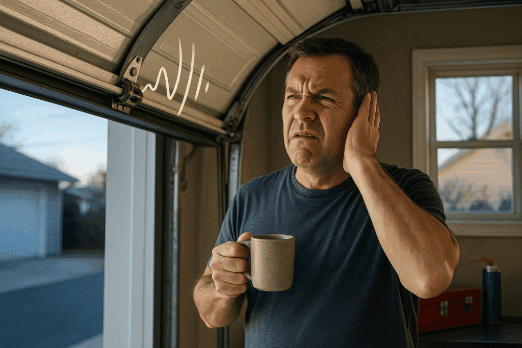 Man covering ear while holding coffee, disturbed by loud garage door noise, showing need for garage door repairs.