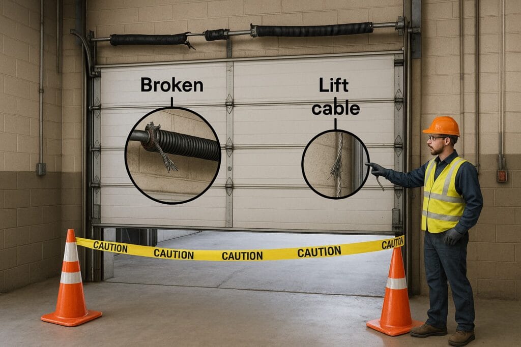 Worker pointing at broken spring and damaged lift cable marked for commercial garage door repair.