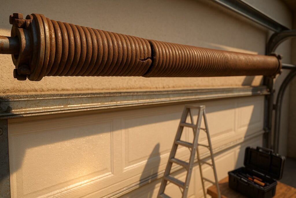 Close-up of cracked torsion spring showing urgent need to repair garage door.