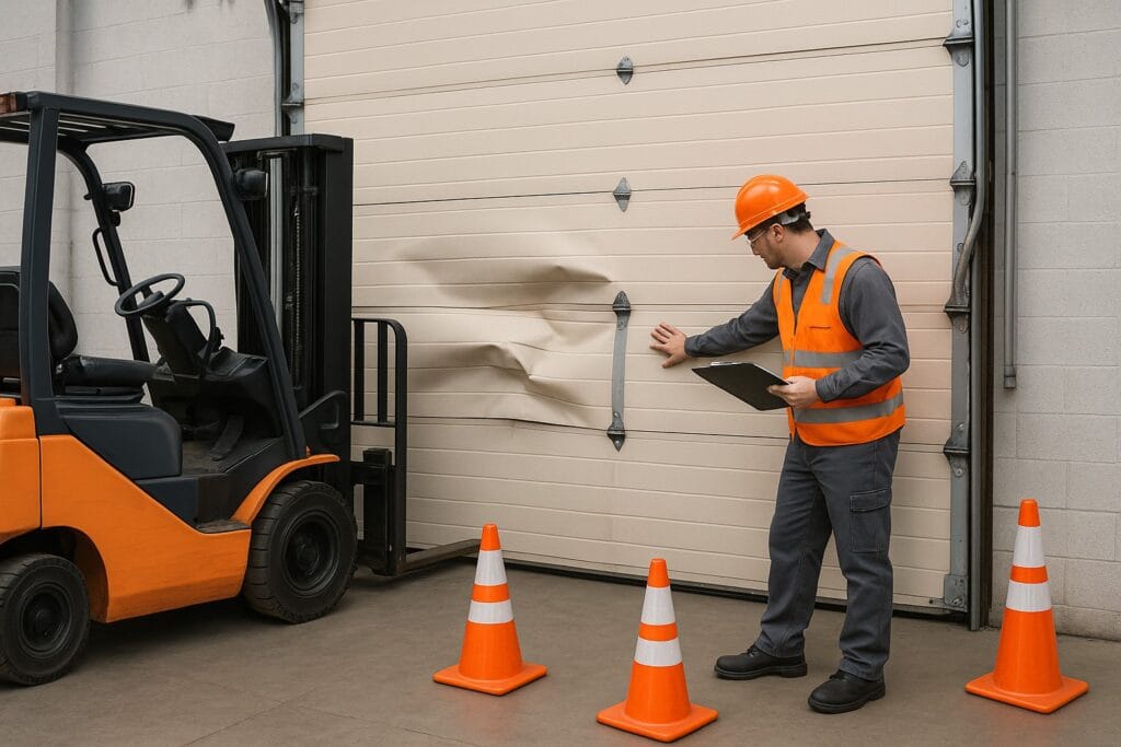Inspector assessing forklift damage on dented panel during commercial garage door repair.