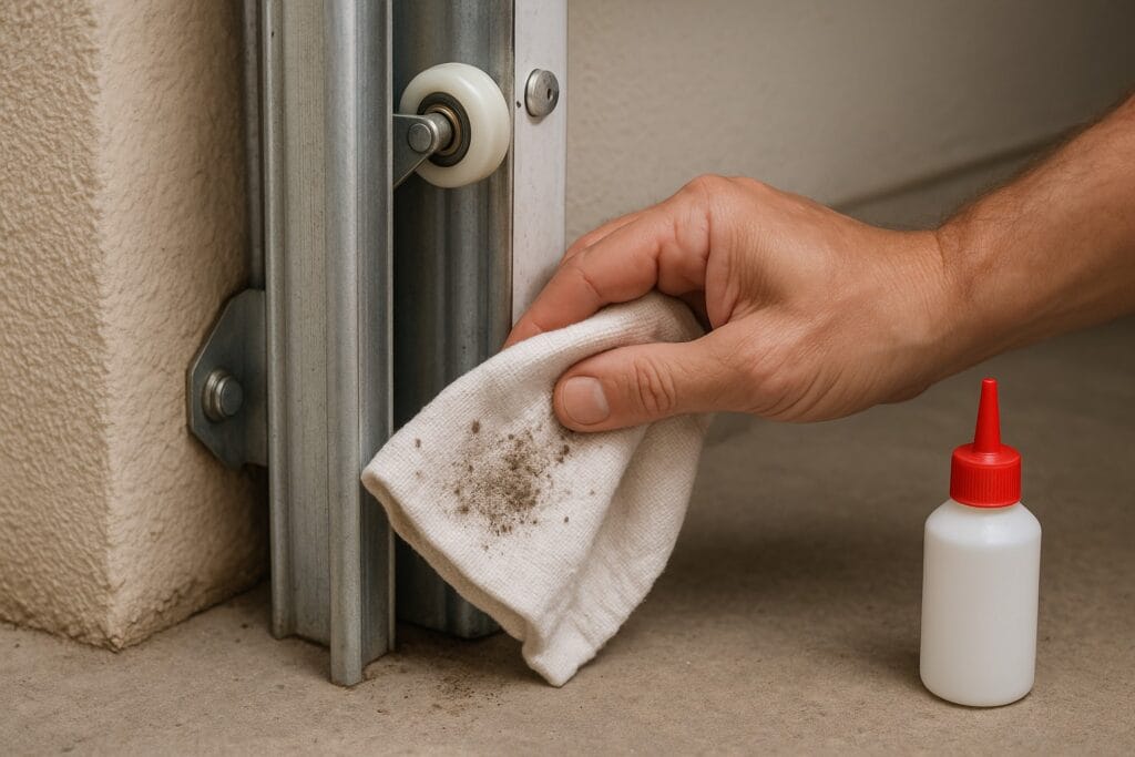 Cleaning and lubricating garage door track to repair garage door operation.