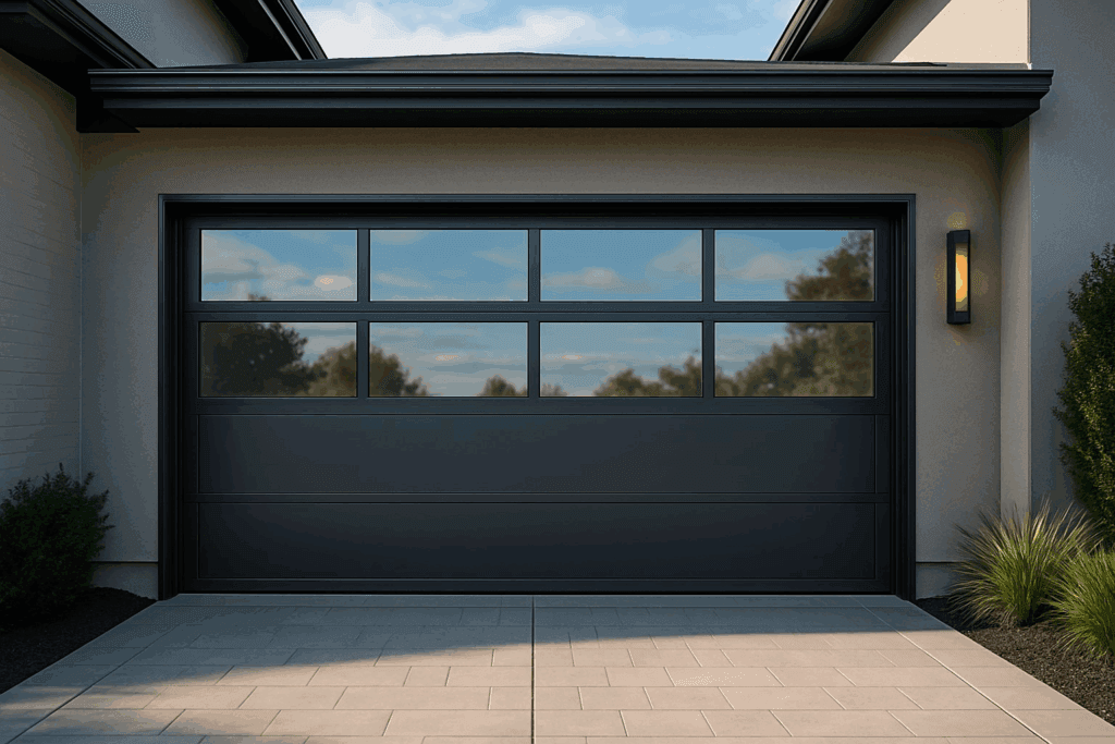 Sleek black modern garage doors with glass panels on contemporary home.