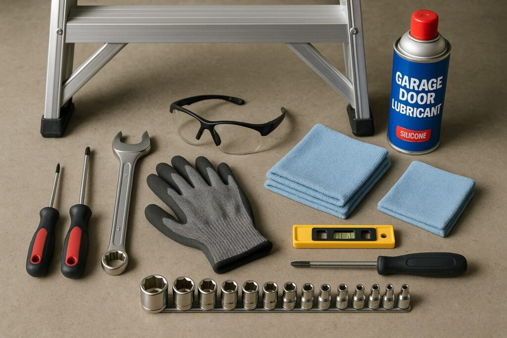 Essential tools and supplies for a garage door tune-up, including lubricant, wrenches, screwdrivers, gloves, and cleaning cloths.