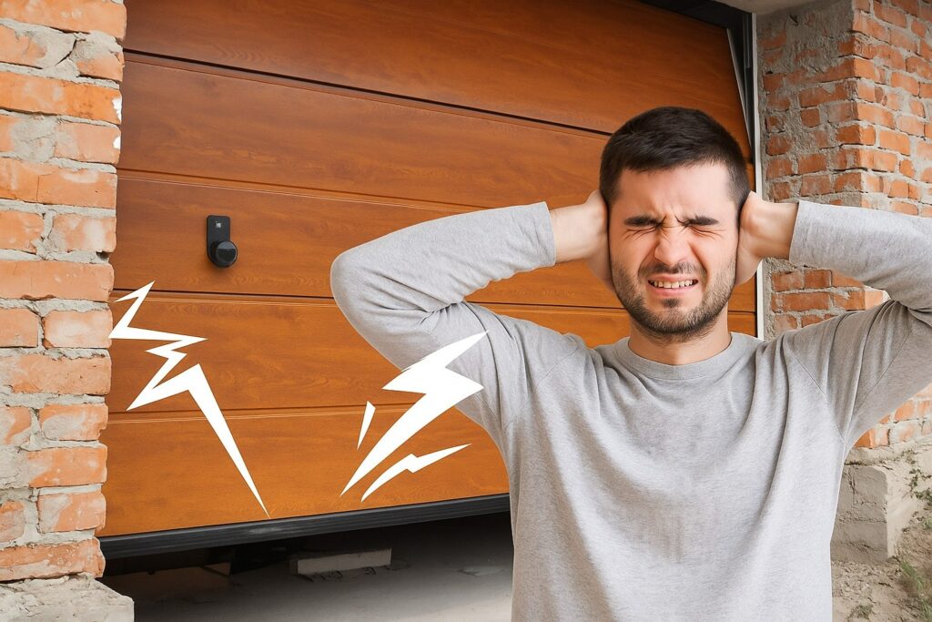 Homeowner covering ears due to a noisy door, indicating the need for a garage door tune-up to fix loud operation issues.