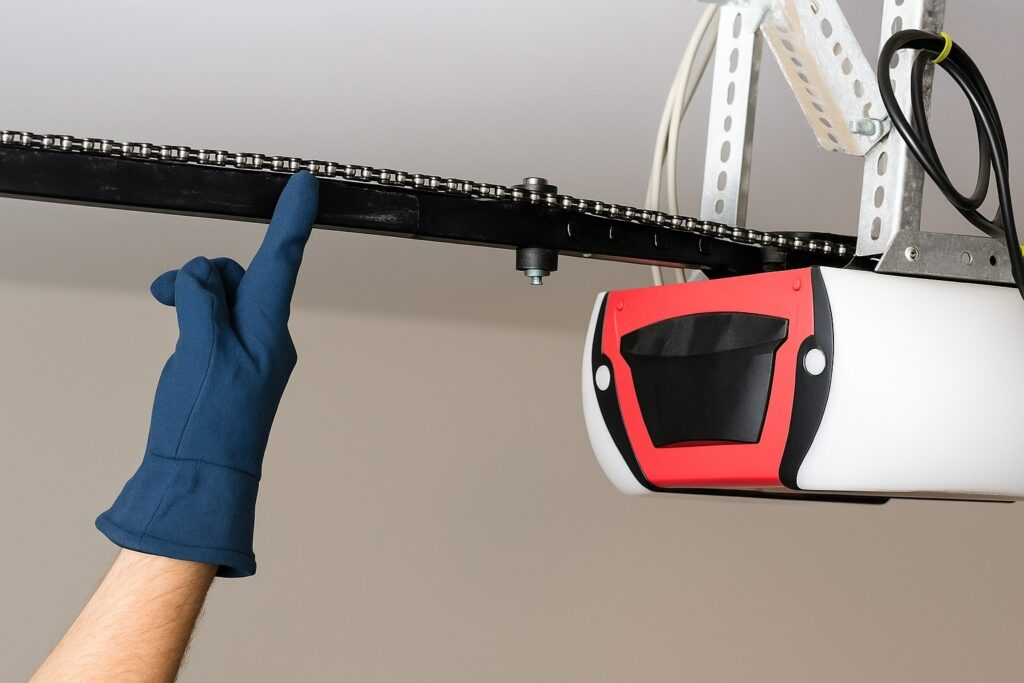 Technician inspecting chain alignment during garage door opener repair for proper operation.
