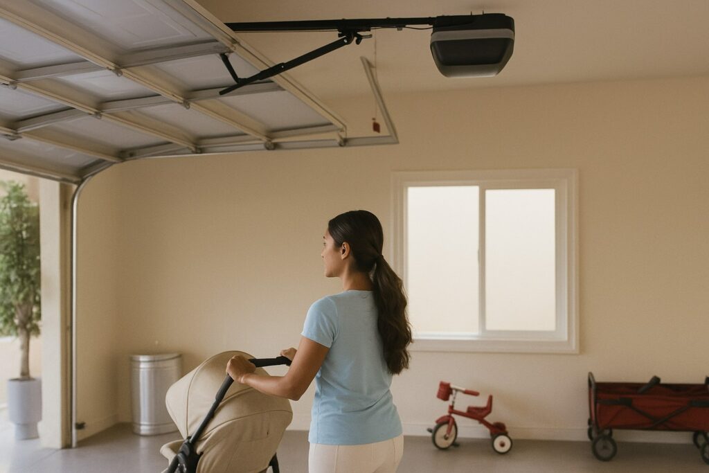 Woman with stroller in residential garage after successful garage door opener repair ensuring smooth and quiet operation.