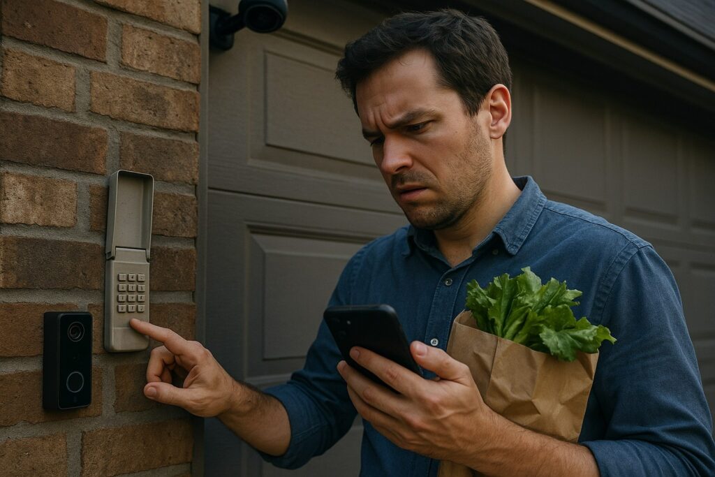 Homeowner frustrated with keypad malfunction needing garage door opener repair outside residential garage.